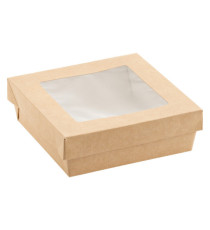 Scatola da asporto - con finestra trasparente - 14 x 14 x 5 cm - carta kraft/PE - avana - Leone - conf. 25 pezzi