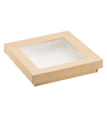 Scatola da asporto - con finestra trasparente - 18 x 18 x 5 cm - carta kraft/PE - avana - Leone - conf. 20 pezzi