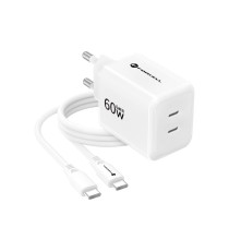 Caricabatterie con Cavo Forcell F-Energy GaN III 60W 2x USB-C PD PPS AVS SFC 2.0 QC4.0 + USB-C 60W 1m Bianco