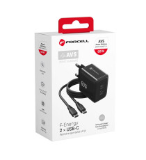 Caricabatterie con Cavo Forcell F-Energy GaN III 60W 2x USB-C PD QC4.0 PPS AVS SFC 2.0 + USB-C 60W 1m Nero