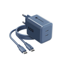 Caricabatterie con Cavo Forcell F-Energy GaN III 60W 2x USB-C PD QC4.0 PPS AVS SFC 2.0 + USB-C 60W 1m Blu Navy