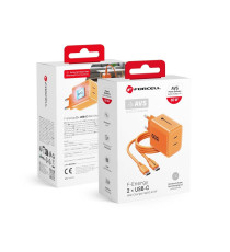 Caricabatterie con Cavo Forcell F-Energy GaN III 60W 2x USB-C PD QC4.0 PPS AVS SFC 2.0 + USB-C 60W 1m Arancione