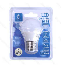 LAMPADINA LED A5 G45 3W ATTACCO E14 - 255 LUMEN - 4000K LUCE NATURALE - GRANDE ANGOLO 230º MISURA D45*H80mm CRI80Ra
