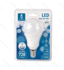 LAMPADINA LED A5 A60 9W ATTACCO E14 - 720 LUMEN - 3000K LUCE CALDA - GRANDE ANGOLO 280 GRADI MISURA D60*H115mm CRI80Ra LAMPADINA LED A5 A60 9W ATTACCO E14 - 720 LUMEN - 3000K LUCE CALDA - GRANDE ANGOLO 280 GRADI MISURA D60*H115mm CRI80Ra