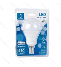 LAMPADINA LED A5 A60 6W ATTACCO E14 - 480 LUMEN - 3000K LUCE CALDA - GRANDE ANGOLO 280 GRADI MISURA D60*H115mm CRI80Ra LAMPADINA LED A5 A60 6W ATTACCO E14 - 480 LUMEN - 3000K LUCE CALDA - GRANDE ANGOLO 280 GRADI MISURA D60*H115mm CRI80Ra