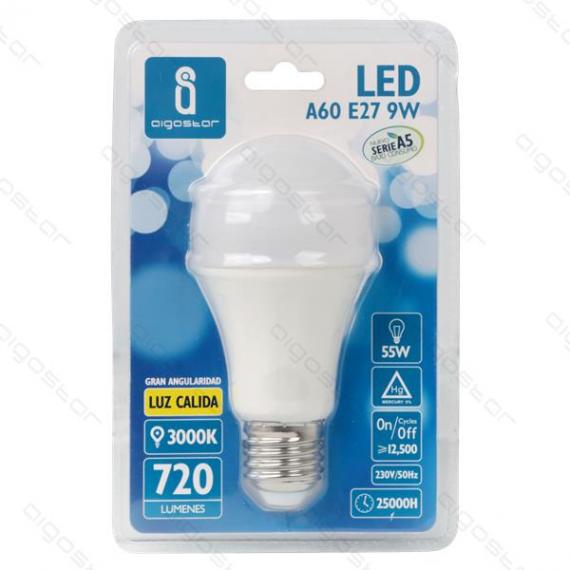 LAMPADINA LED A5 A60 9W ATTACCO E27 - 720 LUMEN - 3000K LUCE CALDA - GRANDE ANGOLO 280 GRADI MISURA D60H112mm CRI80Ra