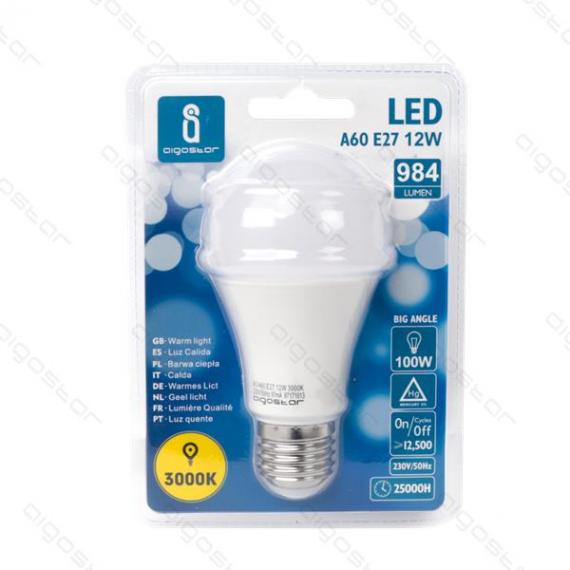 LAMPADINA LED A5 A60 12W ATTACCO E27 - 984 LUMEN - 3000K LUCE CALDA - GRANDE ANGOLO 280 GRADI MISURA D60H120mm CRI80Ra