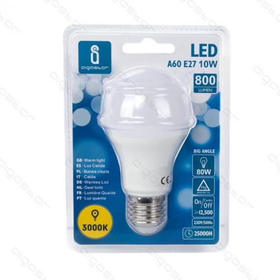 LAMPADINA LED A5 A60 10W ATTACCO E27 - 800 LUMEN - 3000K LUCE CALDA - GRANDE ANGOLO 280 GRADI MISURA D60H110mm CRI80Ra