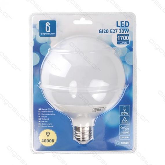 LAMPADINA LED A5 G120 20W ATTACCO E27 - 1700 LUMEN - 4000K LUCE NATURALE - ANGOLO 180 GRADI MISURA D120H159mm CRI80Ra