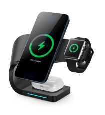 STAZIONE DI RICARICA 4 IN 1 PER SMARTPHONE SMARTWATCH EARPODS WIRELESS QI UNIVERSALE NERO - RICARICA FAST CONTEMPORANEA CHARGER