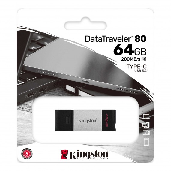 PENDRIVE 64GB USB-C DATATRAVELER DT80 KINGSTON DT80-64GB 64 GB USB 3.2 Gen 1 Drive Flash USB-C TYPE-C Fino a 200 MB/s in lettura