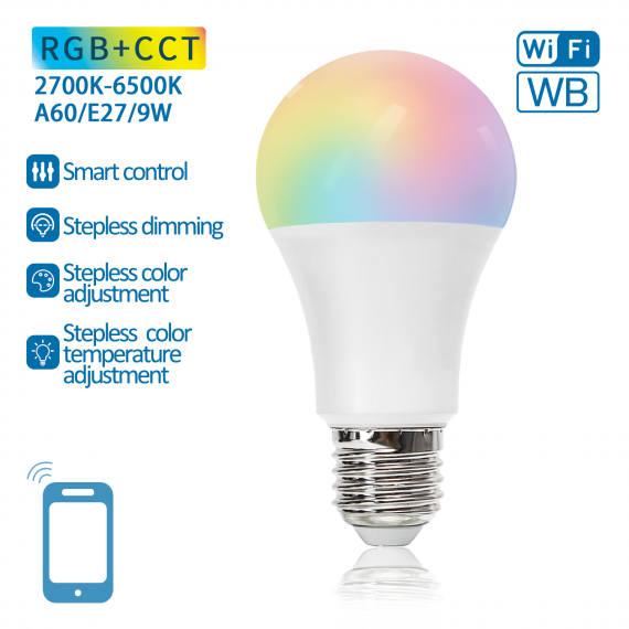 LAMPADINA SMART LED A60 E27 9W WIFI RGB+CCT 2700K-6500K 806 LUMEN D60H118mm  COMPATIBILE