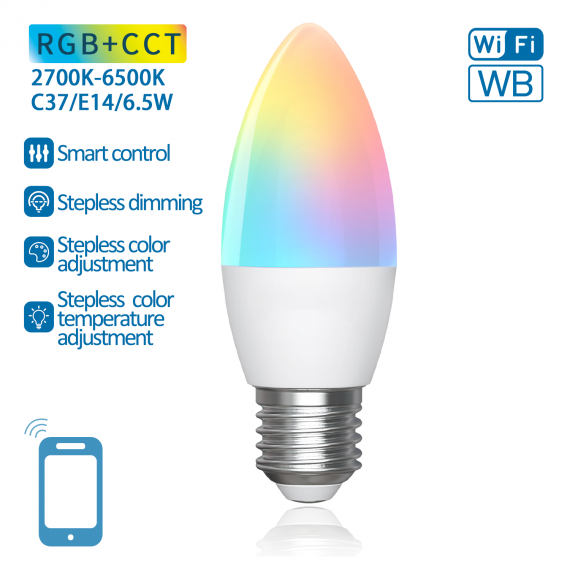 LAMPADINA SMART LED C37 E27 6.5W WIFI RGB+CCT 2700K-6500K 555 LUMEN  D37H107mm