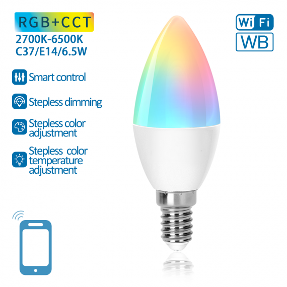 LAMPADINA SMART LED C37 E14 6.5W WIFI RGB+CCT 2700K-6500K 555 LUMEN  D37H107mm