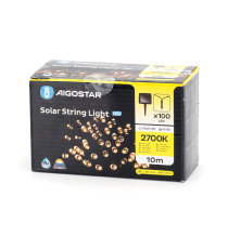 CATENA LUMINOSA LED CON PANNELLO SOLARE - LUCE CALDA 2700K - IP65 100 LED 12MT- ACCENSIONE AUTOMATICA NOTTURNA AIGOSTAR