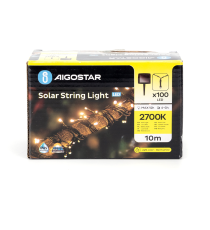 CATENA LUMINOSA LED CON PANNELLO SOLARE - LUCE CALDA 2700K - IP65 100 LED 12MT- ACCENSIONE AUTOMATICA NOTTURNA AIGOSTAR