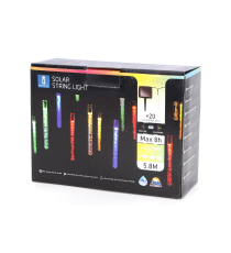 CATENA LUMINOSA LED CON PANNELLO SOLARE - LUCE MULTICOLORE IP44 20 LAMPADINE TUBETTO 5.8MT ACCENSIONE AUTOMATICA NOTTE