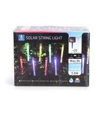 CATENA LUMINOSA LED CON PANNELLO SOLARE - LUCE MULTICOLORE IP44 20 LAMPADINE TUBETTO 5.8MT ACCENSIONE AUTOMATICA NOTTE