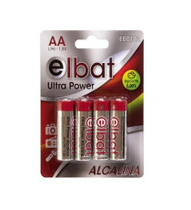 Batterie Alcaline Elbat LR6 AA 1,5V Confezione 4 Pile Stilo Senza Mercurio Cadmio e Piombo per Telecomandi Giocattoli