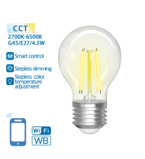 LAMPADINA SMART LED FILAMENTO A SFERA G45 4.5W E27 WIFI CCT 2700K-6500K 470 LUMEN D45H81.5mm ALEXA E GOOGLE ASSISTANT