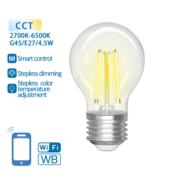 LAMPADINA SMART LED FILAMENTO A SFERA G45 4.5W E27 WIFI CCT 2700K