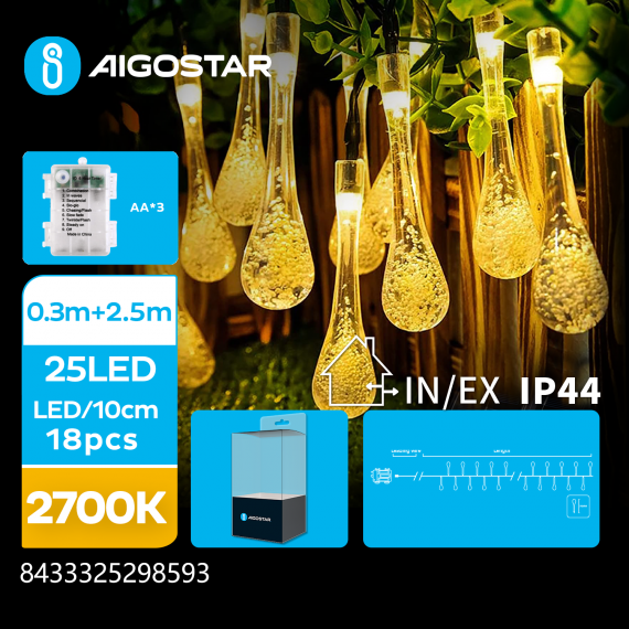 Catena luminosa a batteria 3AA lampadine a goccia 25 led - 2700K luce calda  8 modalità illuminazione 2,5mt IP44 interno/esterno