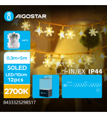 Catena luminosa a batteria 3AA lampadine fiocco di neve 50 led 2700K luce calda 8 modalità illuminazione 5mt IP44 interno/est Catena luminosa a batteria 3AA lampadine fiocco di neve 50 led 2700K luce calda 8 modalità illuminazione 5mt IP44 interno/est
