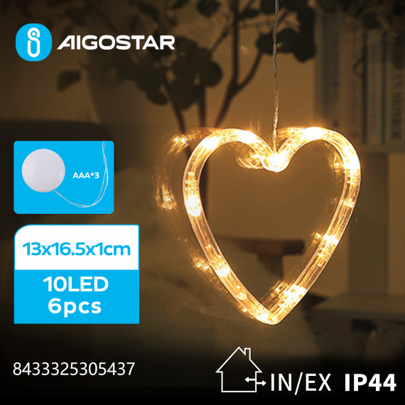 Ciondolo luminoso a batteria 3AAA con ventosa a forma di cuore 10 led -  2700K luce calda misura 13x16.5x1cm IP44 int/est