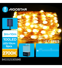 Catena luminosa solare con fili in rame 100 led 10mt - 2700K luce calda gialla - 8 giochi di luce - IP65 da esterno Catena luminosa solare con fili in rame 100 led 10mt - 2700K luce calda gialla - 8 giochi di luce - IP65 da esterno
