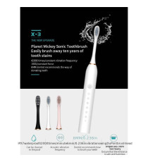 Spazzolino elettrico X-3 white - 4 testine incluse - fino a 42.000 giri/minuto - certificato IPX7 - Batteria 3,7V 500mAh DC 5V Spazzolino elettrico X-3 white - 4 testine incluse - fino a 42.000 giri/minuto - certificato IPX7 - Batteria 3,7V 500mAh DC 5V