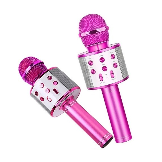 Microfono Wireless pink WS-858 Altoparlante Cassa Integrata Bluetooth  Portatile Karaoke in metallo - dimensioni 20x7x7cm