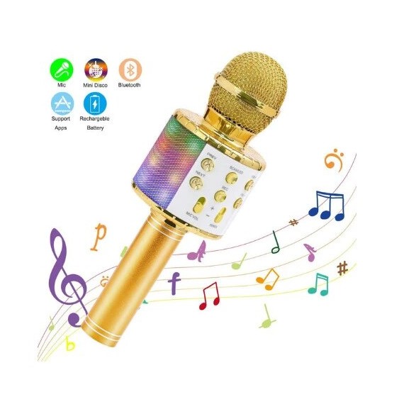 Microfono Wireless gold WS-858L illuminato Altoparlante Cassa Integrata  Bluetooth Portatile Karaoke in metallo misura 20x7x7cm