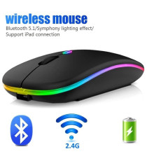Mouse wireless professionale MR12 nero con luci RGB - ergonomico ottico 4 tasti - wifi 2,4g e Bluetooth 5.0 - dpi 1600 10mt