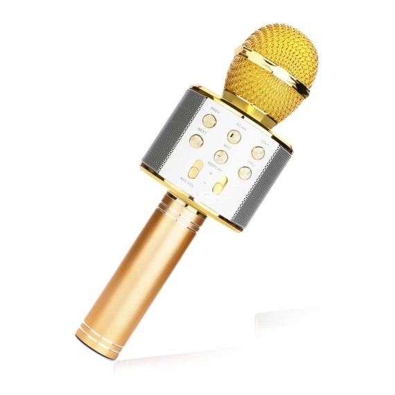 Microfono Wireless gold WS-858 Altoparlante Cassa Integrata Bluetooth  Portatile Karaoke in metallo - dimensioni 20x7x7cm