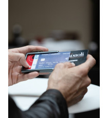 Porta tessere Mondraghi ELEGANCE CUT BLUE,mini wallet in pelle con protezione RFID,fino a 9 tessere + banconote Made in Italy