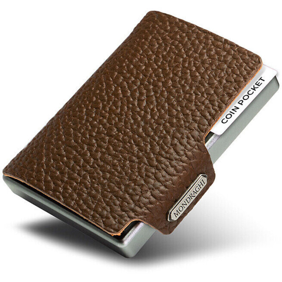 Porta tessere Mondraghi ONE PLUS BROWN con portamonete,mini wallet in pelle con protezione RFID,fino a 9 cards + banconote