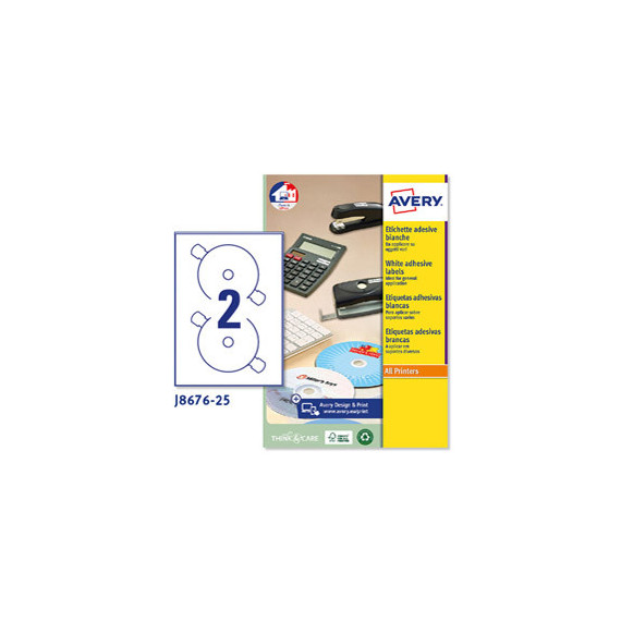 Etichette adesive J8676 - in carta - inkjet - permanenti - diametro CD 117 mm - 2 et/fg - 25 fogli - bianco opaco - Aver