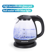 Bollitore elettrico in vetro nero capacità 1 litro 2200W - spegnimento automatico a bollitura,con luce blu integrata,AIGOSTAR Bollitore elettrico in vetro nero capacità 1 litro 2200W - spegnimento automatico a bollitura,con luce blu integrata,AIGOSTAR