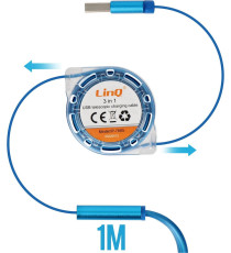 Cavo di ricarica retrattile USB-A 3 in 1 Linq IP-7893 connettore Lightning,MicroUSB,USB-C(Type-C) - Ricarica veloce 2A, Cavo 1mt