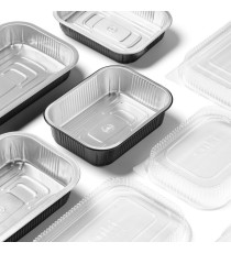 Contenitore alluminio stirato - c/coperchio R-PET - 4 porzioni - 26,5 x 16,2 x 3,7 cm - Cuki Professional - conf. 25 pez