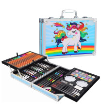 Set artistico per bambini con valigia 145pz Stationery set unicorno blu,pastelli,pennarelli,acquerelli,acrilici,pennelli e altro