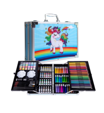 Set artistico per bambini con valigia 145pz Stationery set unicorno blu,pastelli,pennarelli,acquerelli,acrilici,pennelli e altro