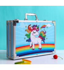 Set artistico per bambini con valigia 145pz Stationery set unicorno blu,pastelli,pennarelli,acquerelli,acrilici,pennelli e altro
