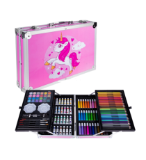 Set artistico per bambini con valigia 145pz Stationery set unicorno rosa,pastelli,pennarelli,acquerelli,acrilici,pennelli e altr