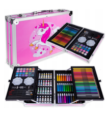 Set artistico per bambini con valigia 145pz Stationery set unicorno rosa,pastelli,pennarelli,acquerelli,acrilici,pennelli e altr