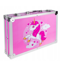 Set artistico per bambini con valigia 145pz Stationery set unicorno rosa,pastelli,pennarelli,acquerelli,acrilici,pennelli e altr