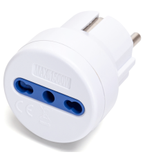 Adattatore rotondo a 1 via 16A bianco con spina 16A 250V, presa 16A 250V~ 1-WAY P17/11 max 1500W Adattatore rotondo a 1 via 16A bianco con spina 16A 250V, presa 16A 250V~ 1-WAY P17/11 max 1500W