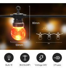 Catena luminosa led a basso voltaggio 10 lampadine colorate 6W 8mt,2700K,collegabile in serie,con ganci,IP44 da esterno, Catena luminosa led a basso voltaggio 10 lampadine colorate 6W 8mt,2700K,collegabile in serie,con ganci,IP44 da esterno,