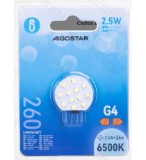 Lampadina Led G4 2.5W tondo 260 lumen luce fredda 6500K Dimensioni:D28xH34 mm Equivalenza incandescente:26W Angolo illum. 360