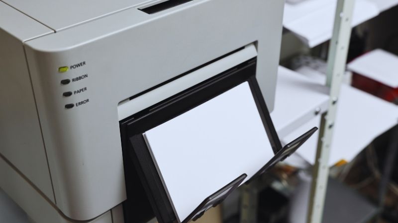 Stampante in funzione durante stampa si fogli d carta fotografica formato cartolina